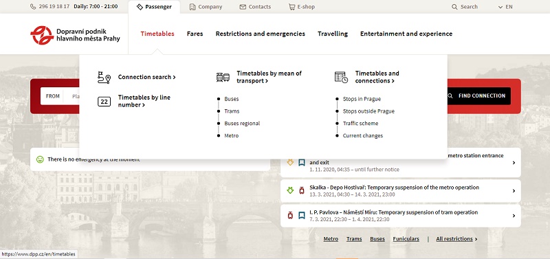 プラハ公共交通機関ウェブサイトの時刻表案内ページのスクリーンショット