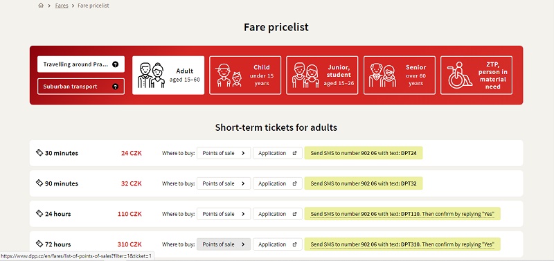プラハ公共交通機関ウェブサイトの料金案内ページのスクリーンショット