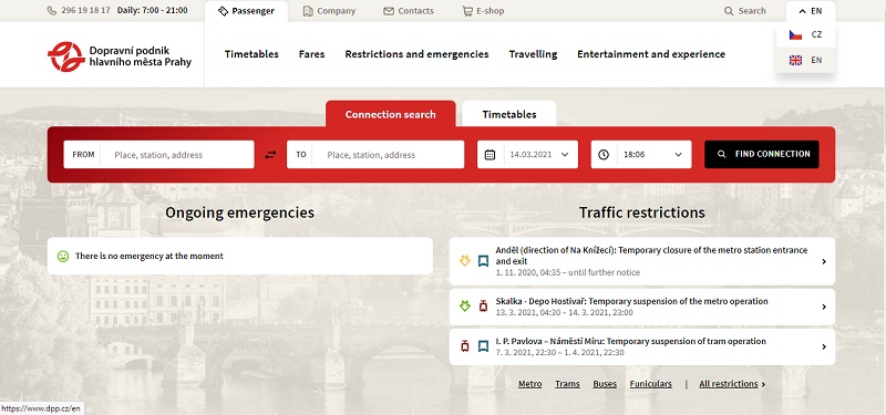 プラハ公共交通機関のウェブサイトのスクリーンショット
