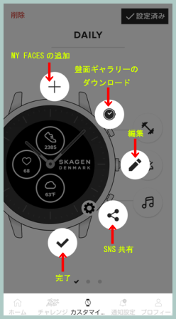 SKAGENのアプリのカスタマイズ画面の歯車マークをタップした状態
